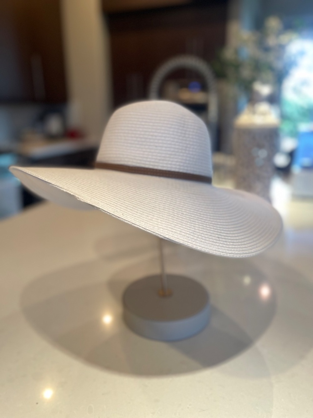 Melissa Odabash Jemima Floppy Wide Brim Hat, White and Tan Leather Trim - Picture 5 of 14